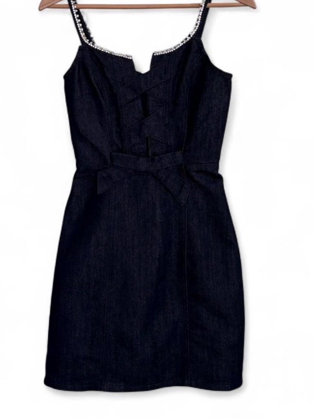 bebe Dark Blue Denim Bow Detail Rhinestone Strap Glitter Denim Dress Size 0 - Picture 6 of 8
